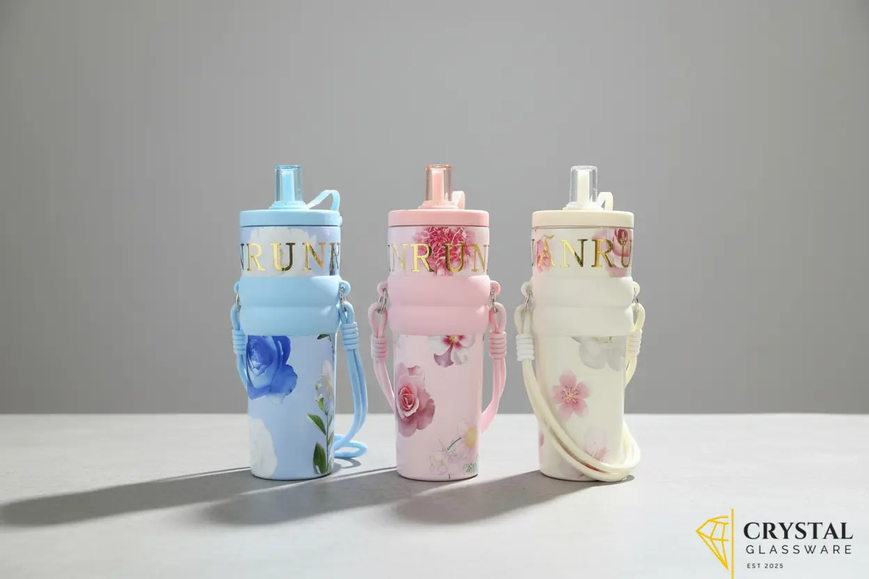 Floral NRUN stainless steel straw tumbler in the center features a silicone grip sleeve and a matching carrying